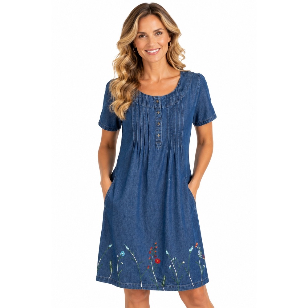 Vermont Country Store Denim Dress M Embroidered Floral Cottagecore Prairie